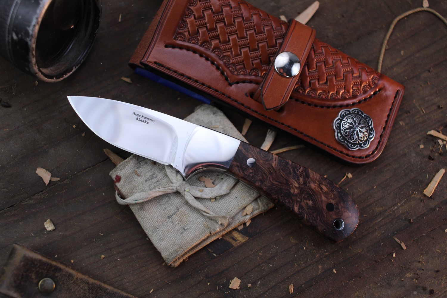 Russ Kommer Custom Drop Point 2.5&quot; Fixed Blade Knife / Rosewood Burl / Polished RWL-34