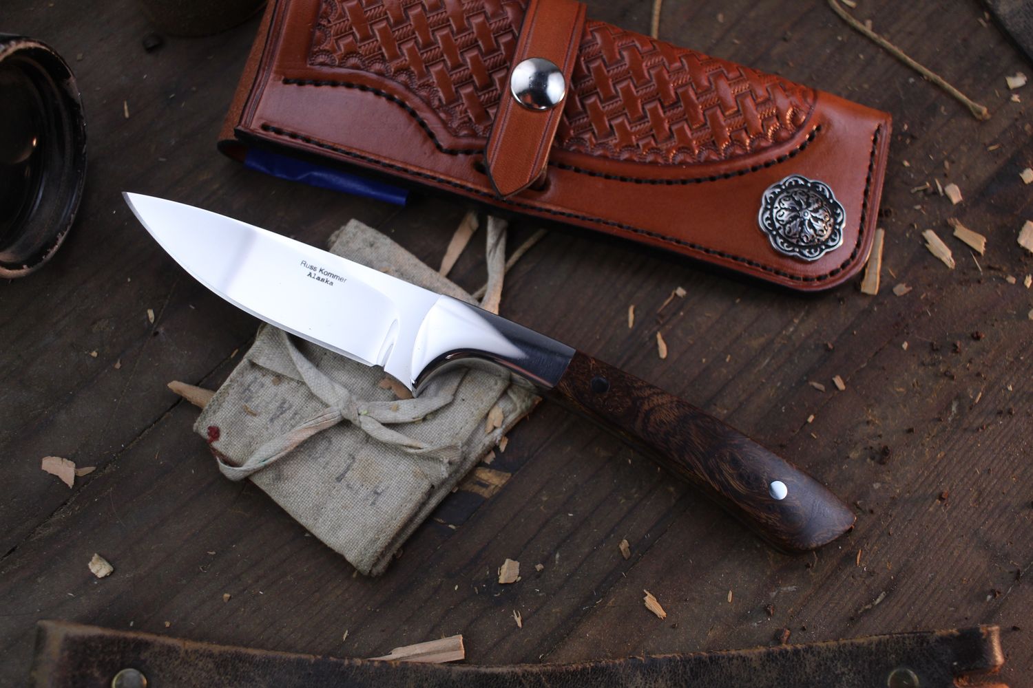 Russ Kommer Custom Bird &amp; Trout 3.5&quot; Fixed Blade Knife / Desert Ironwood Burl / Polished RWL-34
