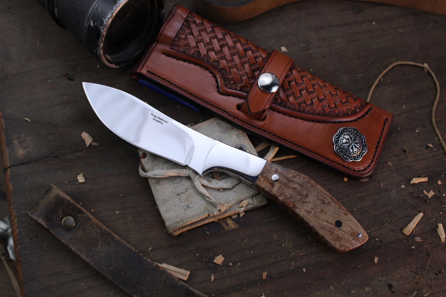 Russ Kommer Custom Semi Skinner 3.5&quot; Fixed Blade Knife / Birdseye Maple / Polished RWL-34