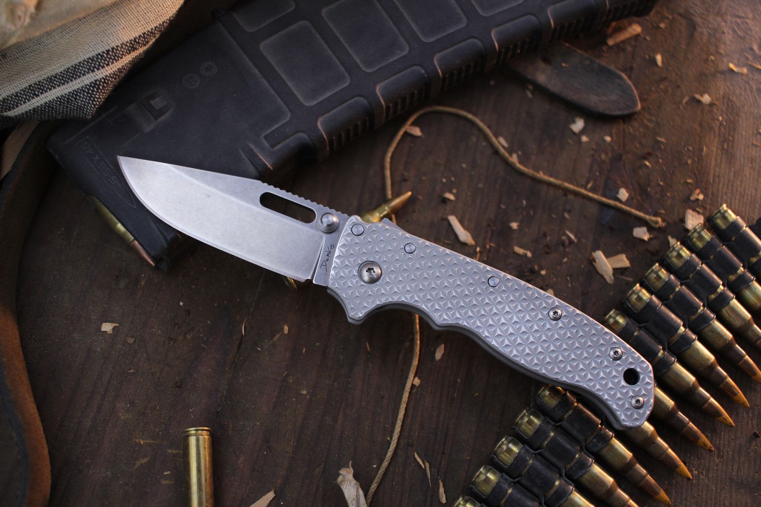 Demko AD20.5 3.2&quot; Shark Lock Folder / Original GOAT Textured Titanium / Stonewashed D2 ( Pre Owned )