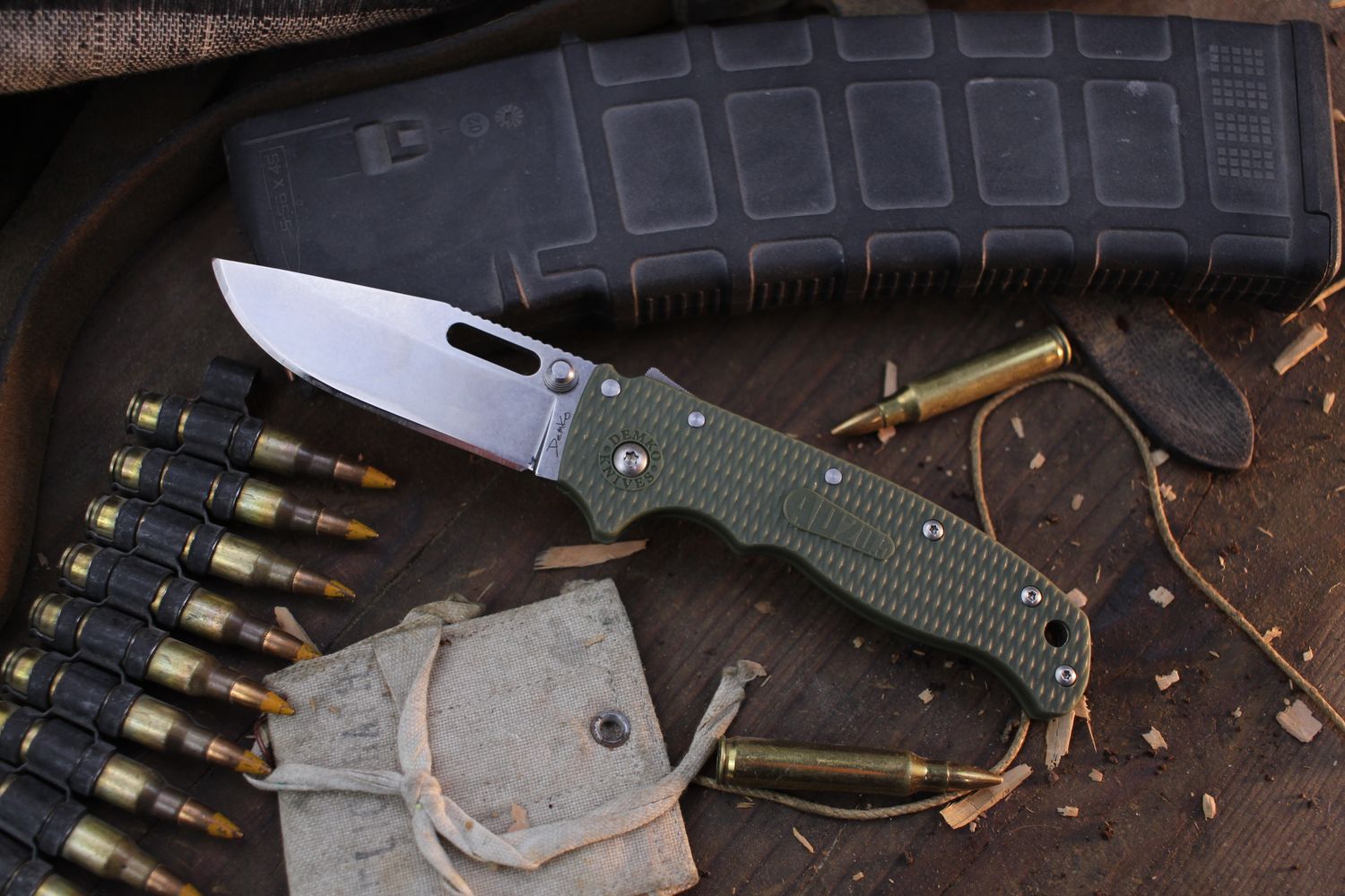 Demko Knives AD 20.5 3.2&quot; Shark Lock Folder / OD Green Grivory / Stonewashed AUS10 ( Pre Owned )