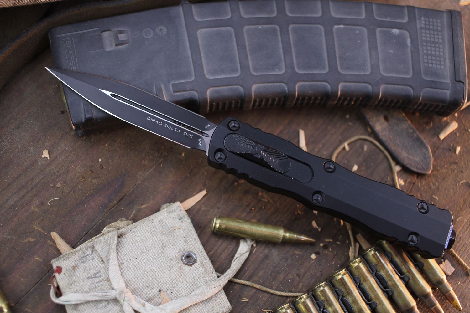 Microtech Dirac Delta 3.75&quot; D/E OTF Auto /  Black Aluminum &amp; Maverick Customs Timascus Clip / Black Premium Steel ( Pre Owned )