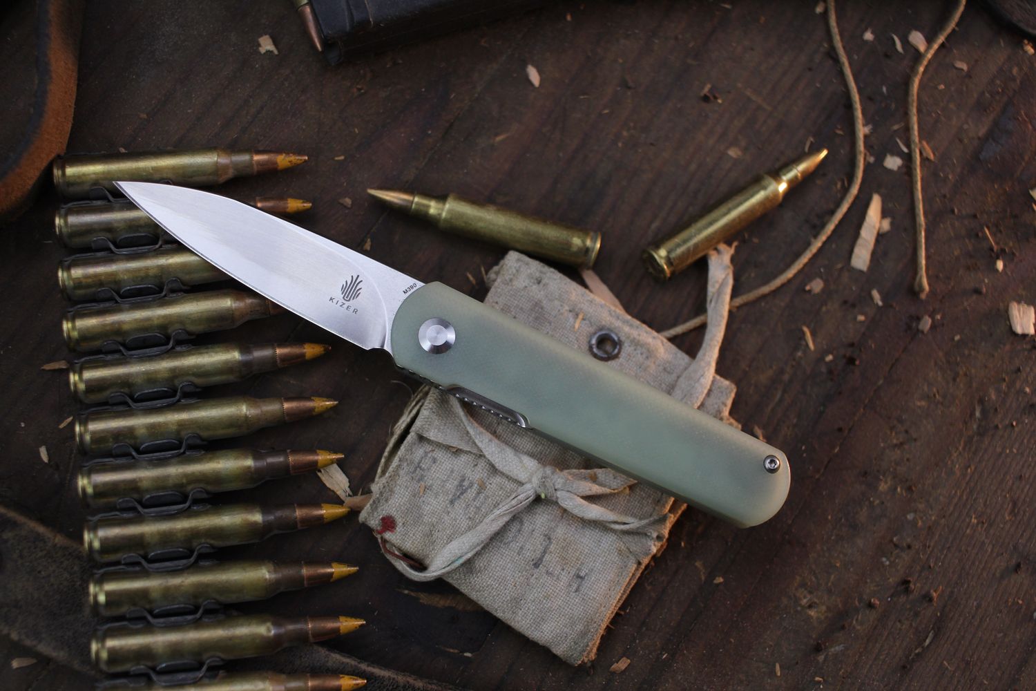 Kizer BHQ Exclusive Fiest 2.8&quot; Linerlock Front Flipper / Jade G-10 / Stonewashed M390 ( Pre Owned )