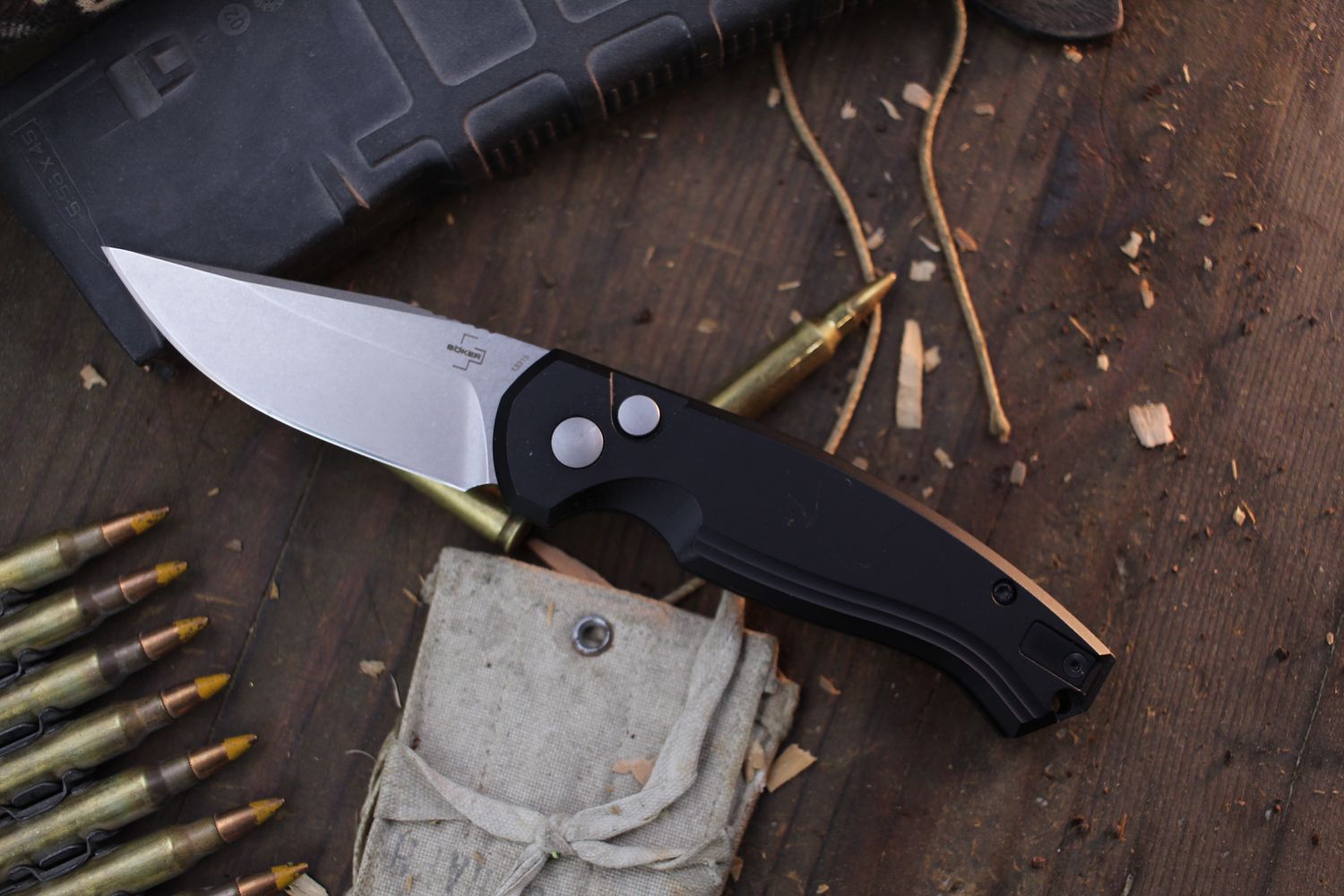 Boker Plus Hogue Karakurt 3&quot; Button Lock Auto Folder / Black Aluminum / Stonewashed 154CM ( Pre Owned )