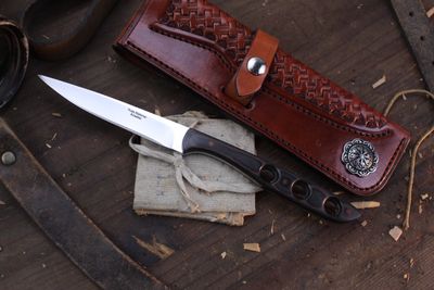 Russ Kommer Custom Bird &amp; Trout 3.75&quot; Fixed Blade Knife / Woodland Micarta &amp; Speed Holes / Polished RWL-34