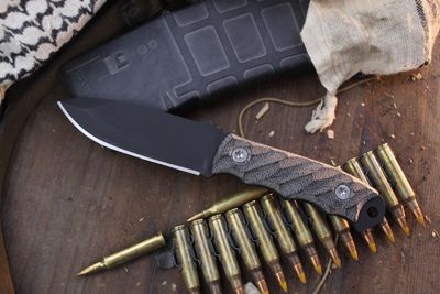 Half Face Blade Disaster Jr. 3.75” Fixed Blade / Black Canvas Micarta /  Black Cerakote CPM-3V
