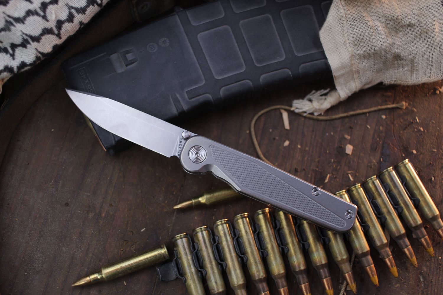 Tactile Knife Co. Rockwall  3&quot; Linerlock Folder / Knife Center Machined Titanium / Stonewashed CPM-MagnaCut ( Pre Owned )