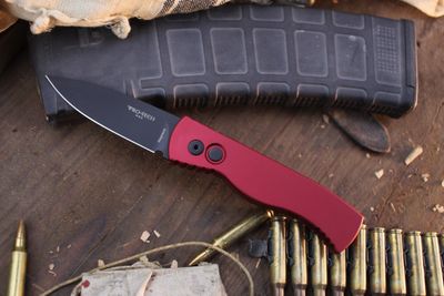 Pro-Tech TR-2 3.125&quot; Button Lock Auto Folder/ Red Aluminum / Black Magnacut