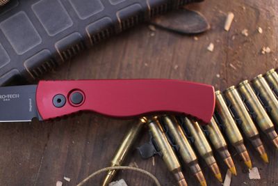 Pro-Tech TR-2 3.125" Button Lock Auto Folder/ Red Aluminum / Black Magnacut