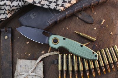 Vosteed Knives Ankylo 3.18" Vanchor Lock Flipper / Green Frag Pattern Aluminum / Black Elmax ( Pre Owned )