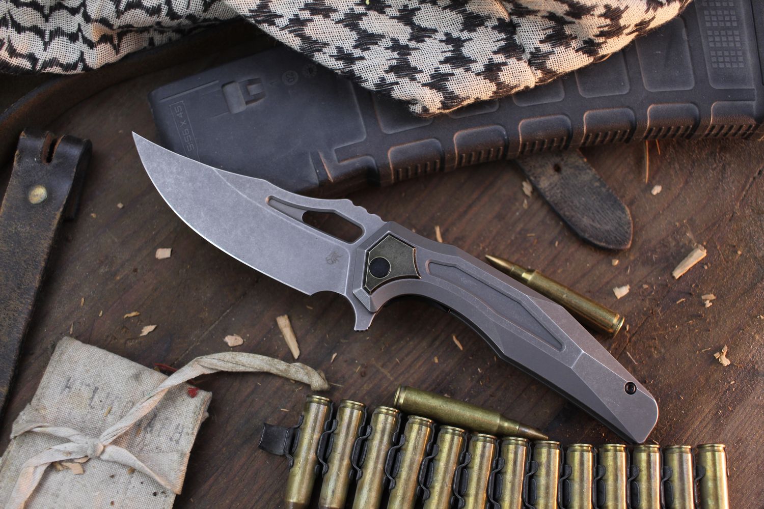 Arcane Design The Crypt 3&quot; Linerlock Flipper / Stonewashed Titanium / Stonewashed M390 ( Pre Owned )