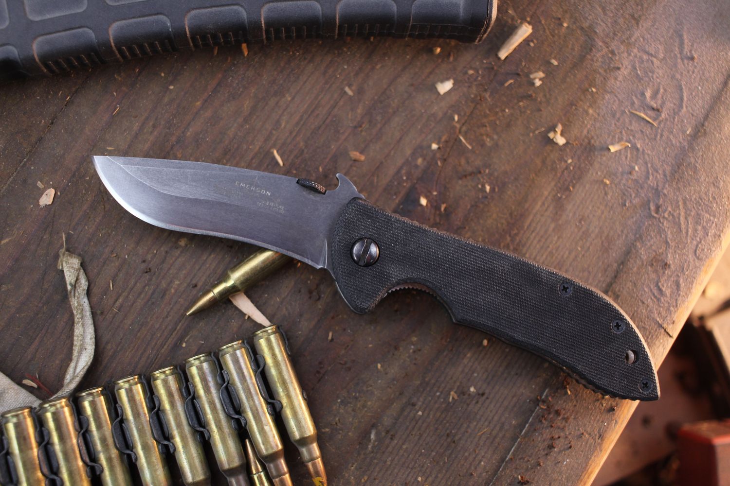 Emerson Mini Commander TF 2.9&quot; Wave Hooked Folder / Black G-10 / Thunderstorm Finish 154CM ( Pre Owned )