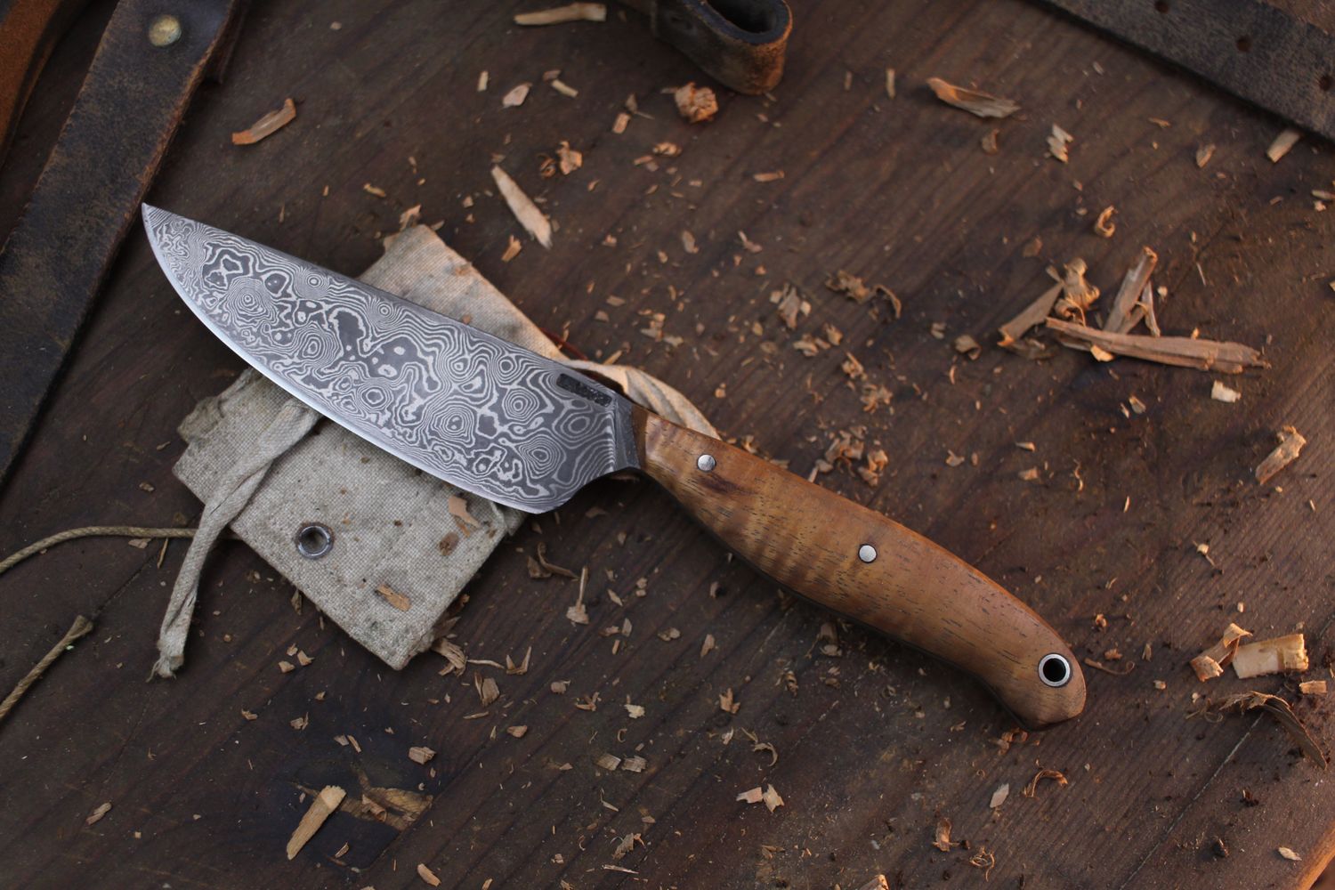 Mark Couch 4.25&quot; Large Camp Utility / Koa Wood  / Alaskan Forged Damascus