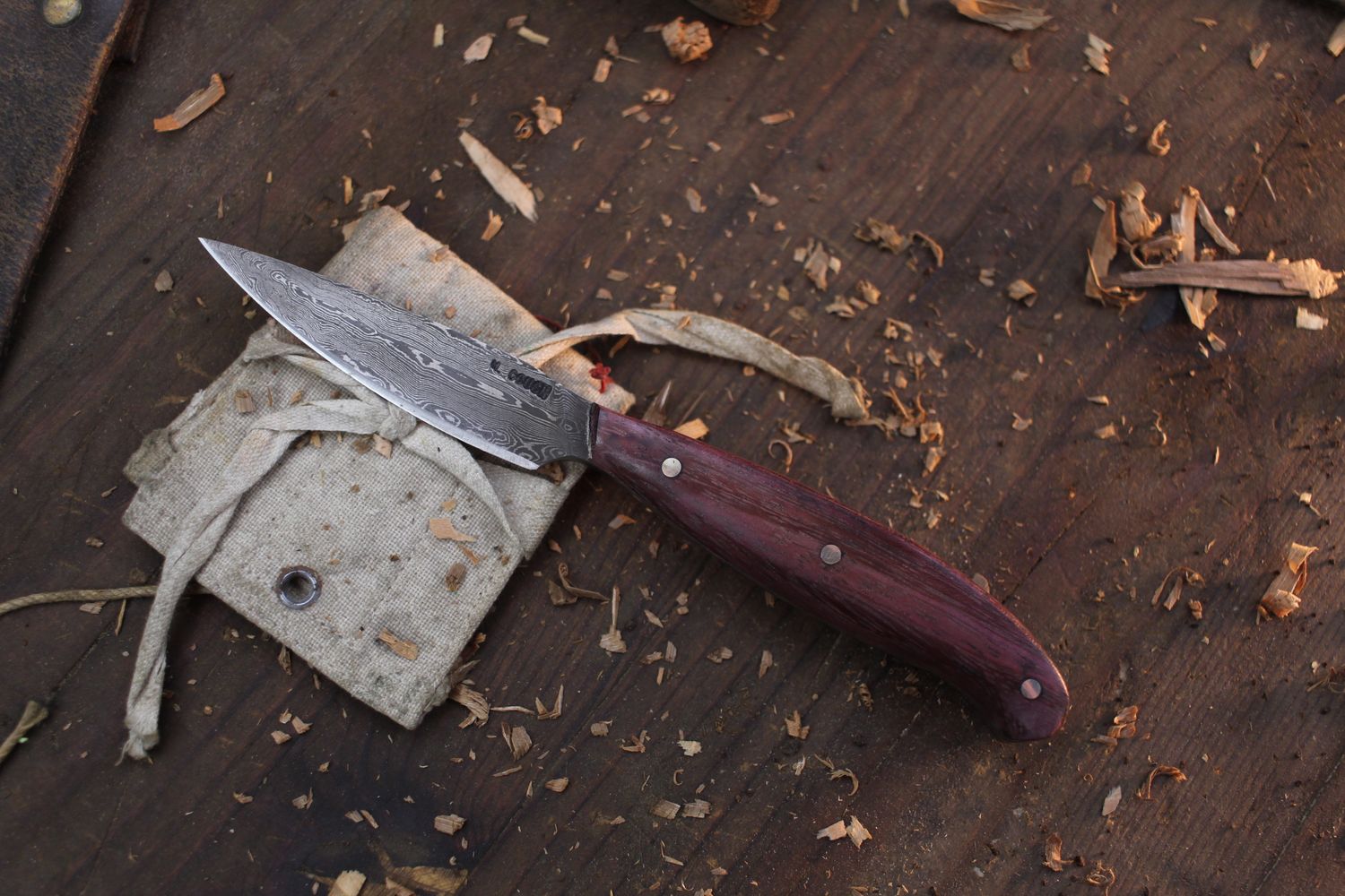 Mark Couch 3&quot; Caper / Purple Heartwood  / Alaskan Forged Damascus