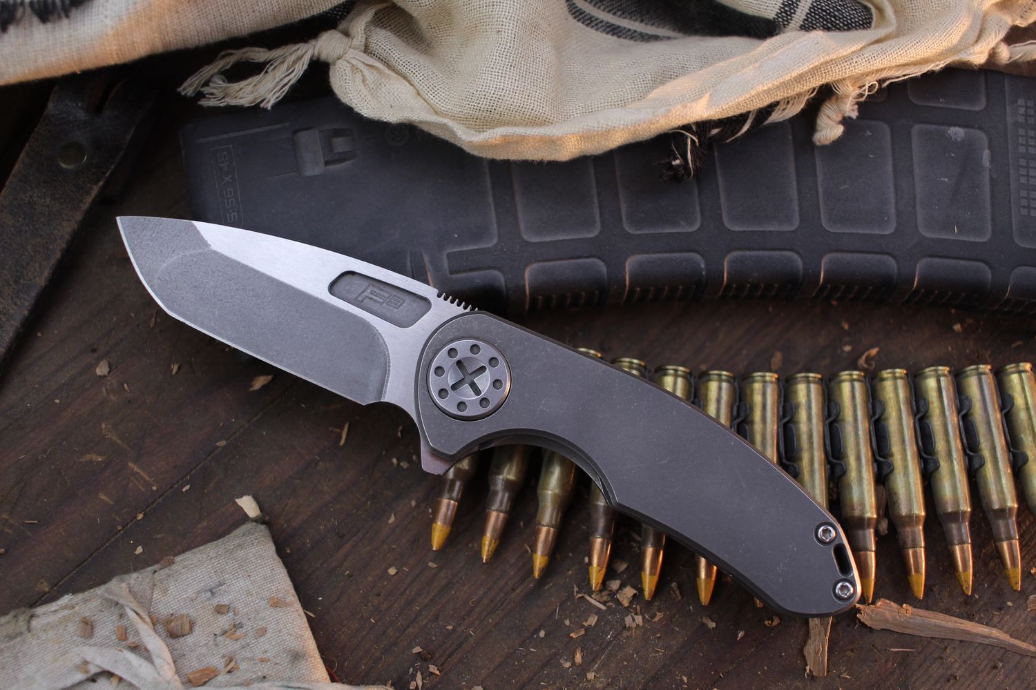 Curtiss Knives F3 Medium 3.25&quot; Framelock Flipper / Stonewashed Titanium / Two Tone CPM-MagnaCut Spanto ( Pre Owned )