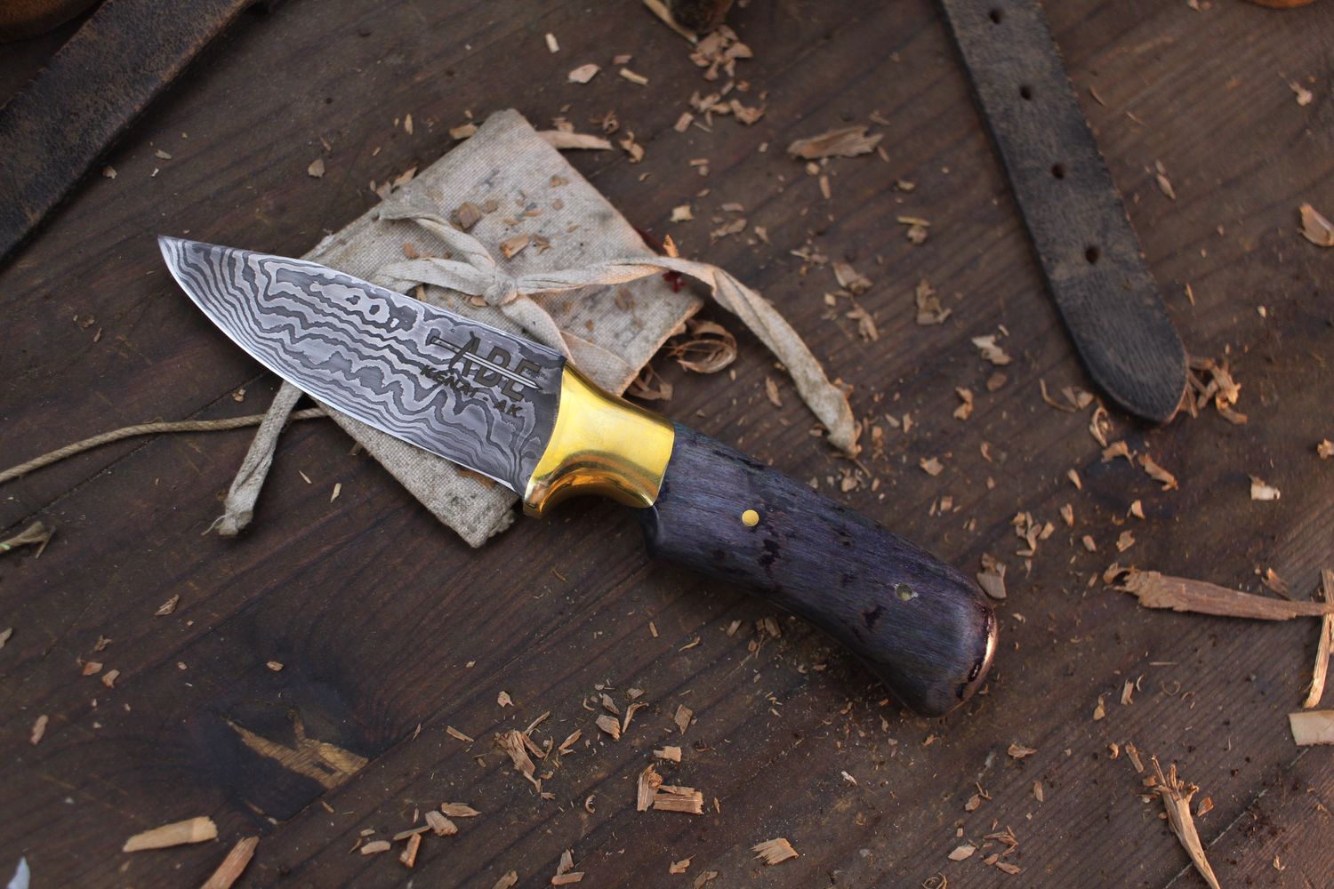 Abe Knives Large 3.5” Clip Point Hunter / Stabilized Dyed Birch / Alaskan Forged Damascus