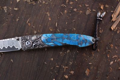 William Henry B10 Majesty 2.75" Button Lock Folder / Carved Silver &amp; Zink Matrix Turquoise Inlay / ZDP-189 Wave Damascus
