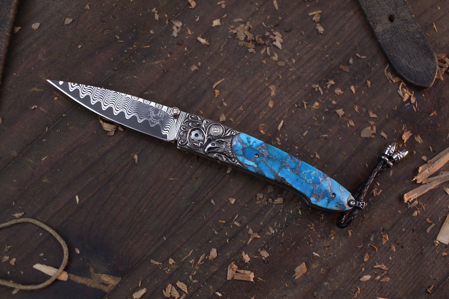William Henry B10 Majesty 2.75&quot; Button Lock Folder / Carved Silver &amp; Zink Matrix Turquoise Inlay / ZDP-189 Wave Damascus