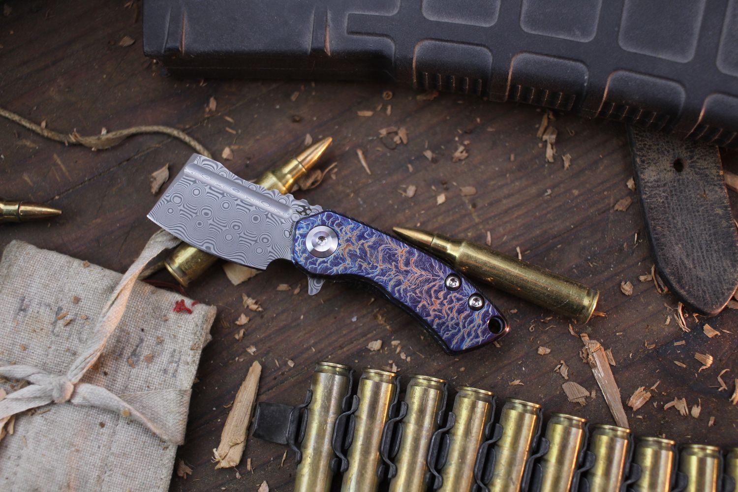Kansept Knives Mini Korvid 1.4&quot; Framelock Flipper / Lightning Strike Titanium / Damascus ( Pre Owned )