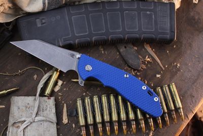 Hinderer Knives XM-24 Skinny Wharny 4&quot; Framelock Flipper /  Blue G-10 &amp; Battle Blue Titanium / Stonewashed S45VN ( Pre Owned )