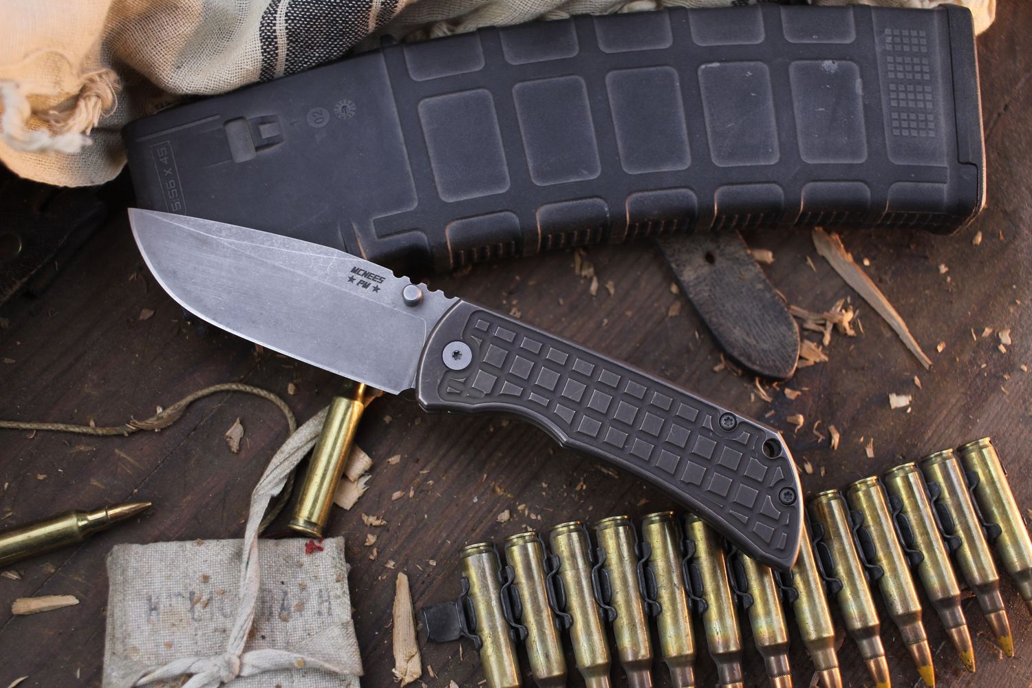 Mcnees Custom Knives Mac 2 3.5&quot; Framelock Folder / Atomic Fragged Bronze Titanium / Stonewashed Magnacut ( Pre Owned )