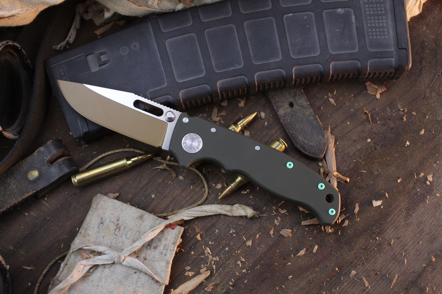 Demko AD20.5 Drop Point  3.2&quot; Shark Lock Folder / OD Green Cerakote Titanium / Desert Tan Cerakote &amp; Stonewashed 20CV