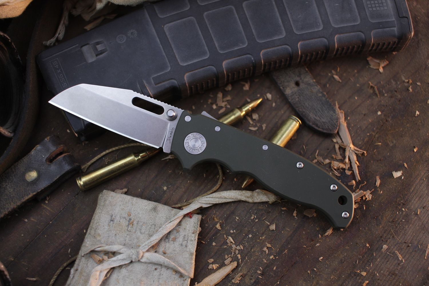 Demko AD20.5 Shark Foot 3.2&quot; Shark Lock Folder / OD Green Cerakote Titanium / Stonewashed 20CV