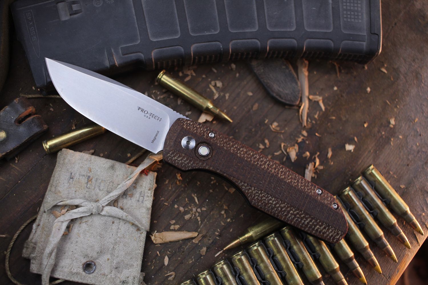 Pro-Tech Blade Show TX Vero Synapse 3.5&quot; Auto / Burlap Micarta &amp; Gold Lip Pearl Button / Stonewashed MagnaCut ( Pre Owned )