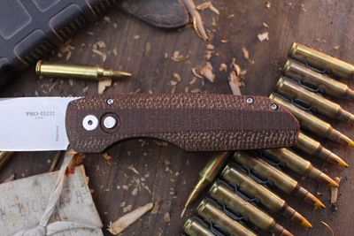 Pro-Tech Blade Show TX Vero Synapse 3.5" Auto / Burlap Micarta &amp; Gold Lip Pearl Button / Stonewashed MagnaCut ( Pre Owned )