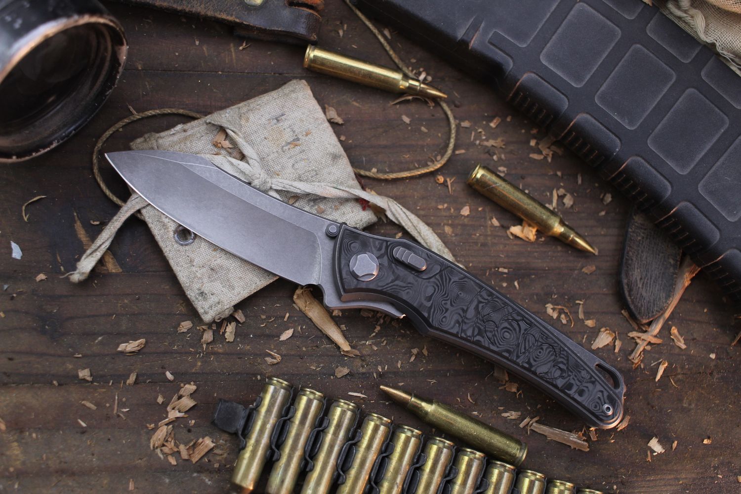 G&amp;G Hawk Talon 3.5&quot; Hawk Lock Flipper / Milled Carbon Fiber &amp; Stonewashed Titanium / Stonewashed M390 ( Pre Owned )