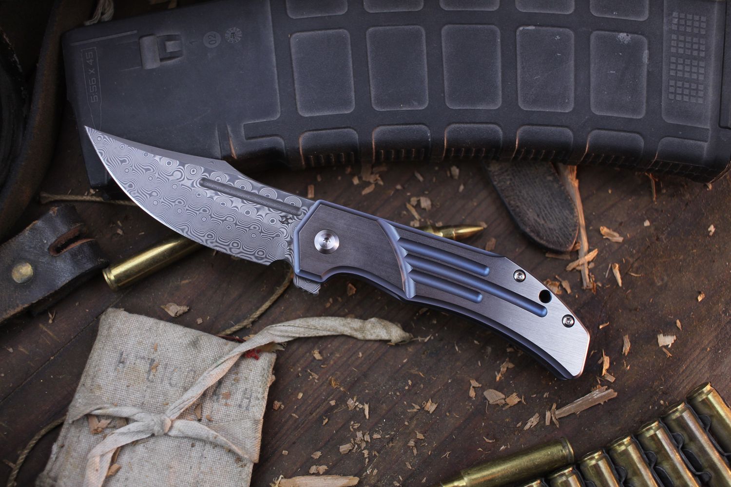 Kansept Orion 3.07&quot; Framelock Flipper / Milled Blue Highlighted Titanium / Damascus ( Pre Owned )