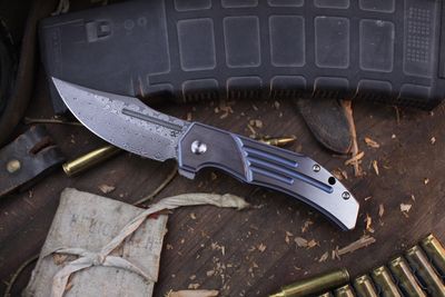 Kansept Orion 3.07&quot; Framelock Flipper / Milled Blue Highlighted Titanium / Damascus ( Pre Owned )