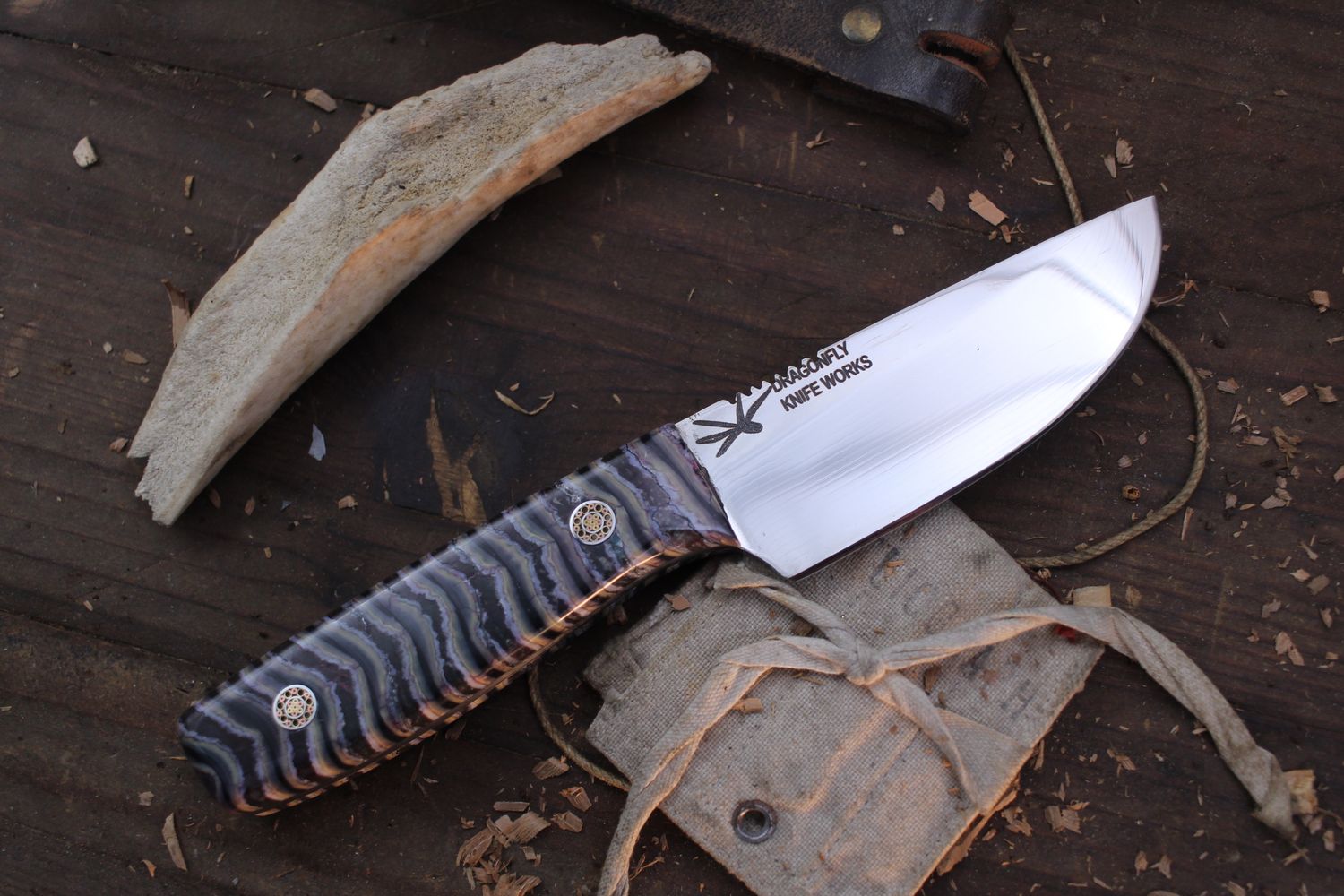 Dragonfly Knife Works Heavy Skinner 3.5” Fixed Blade / Mammoth Tooth &amp; Mosaic Pins /Takefu SG2 San Mai