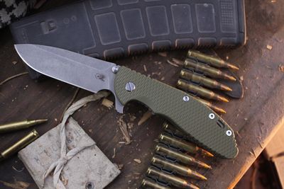 Hinderer Knives XM-24 4&quot; Swedged Spearpoint Framelock Flipper / OD Green G-10 &amp; WF Ti / Working Finish 20CV ( Pre Owned )
