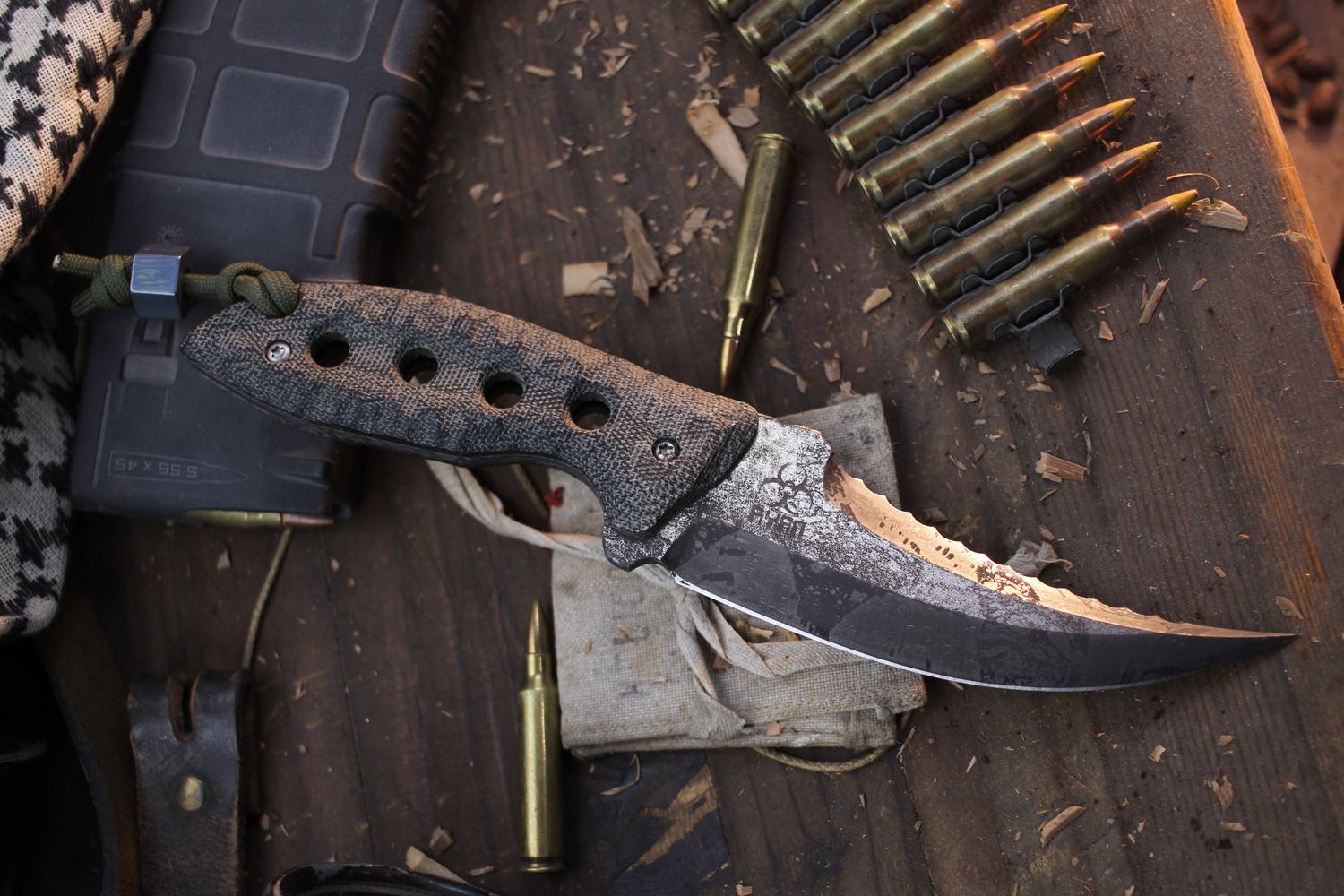 Steve Ryan Rhino XL 5&quot; Fixed Blade / Black Micarta / Acid Washed Partially Serrated 154CM  ( Pre Owned )