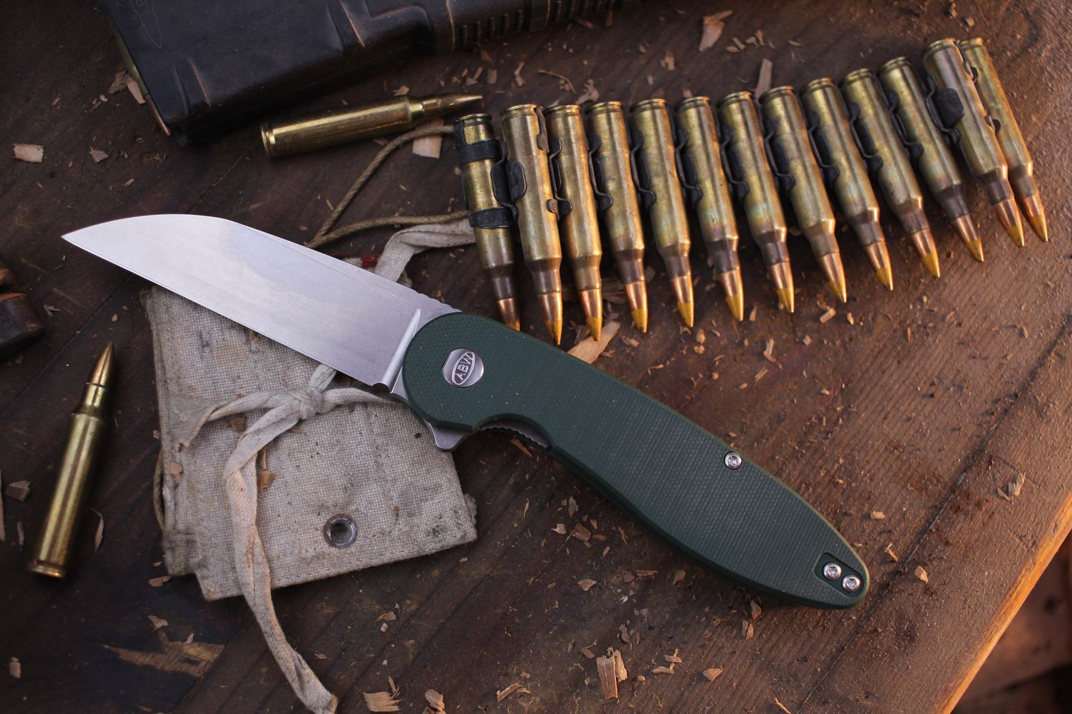 American Blade Works MODEL 1 V7 3.25&quot; Wharncliffe Linerlock Flipper / Green G-10 / Stonewashed MagnaCut ( Pre Owned )