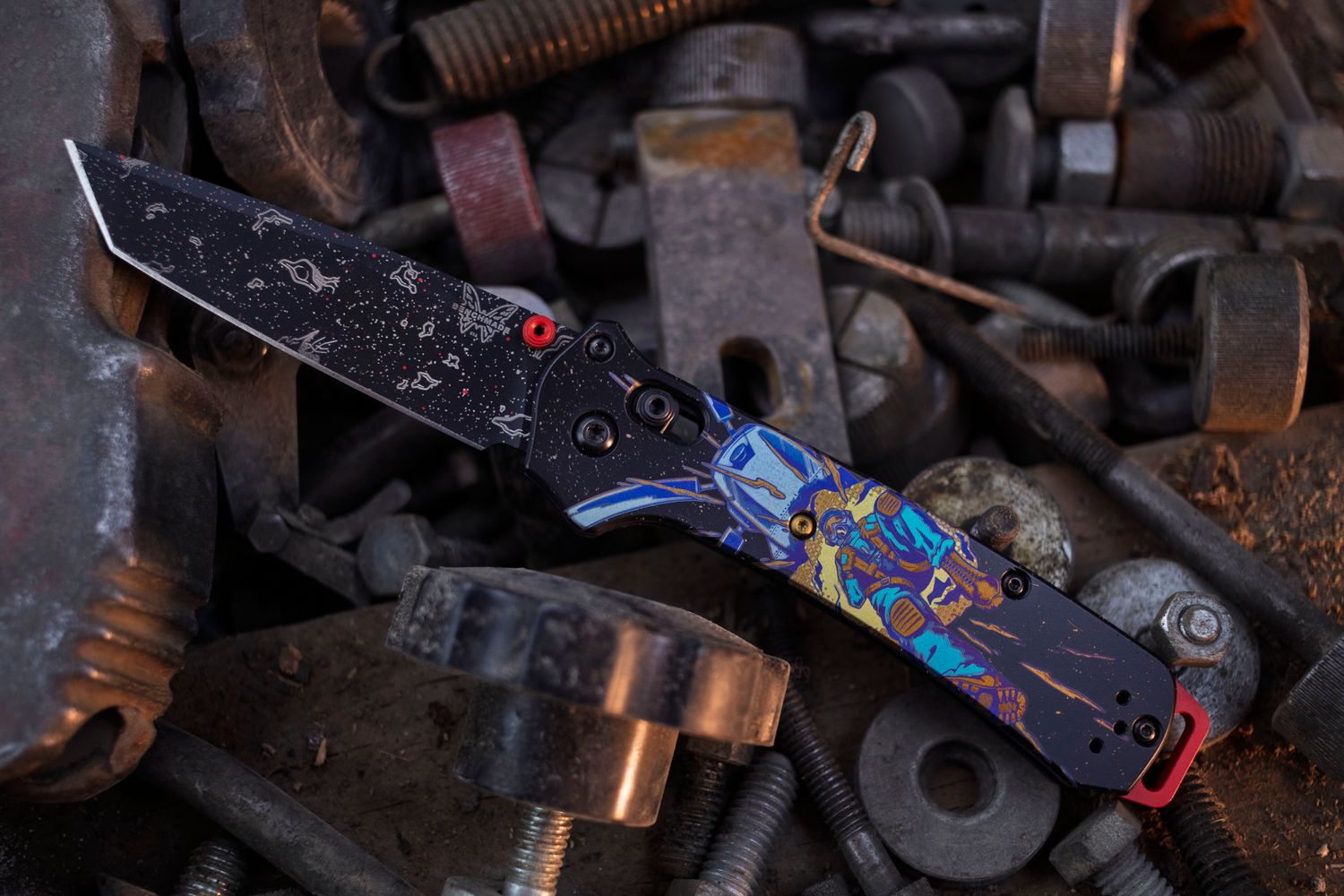 Benchmade ColorfulFilth Flame Out Bailout 3.38&quot; AXIS Lock Folder / Custom Anodized Titanium / RUD Black &amp; Red Cerakote CPM-3V