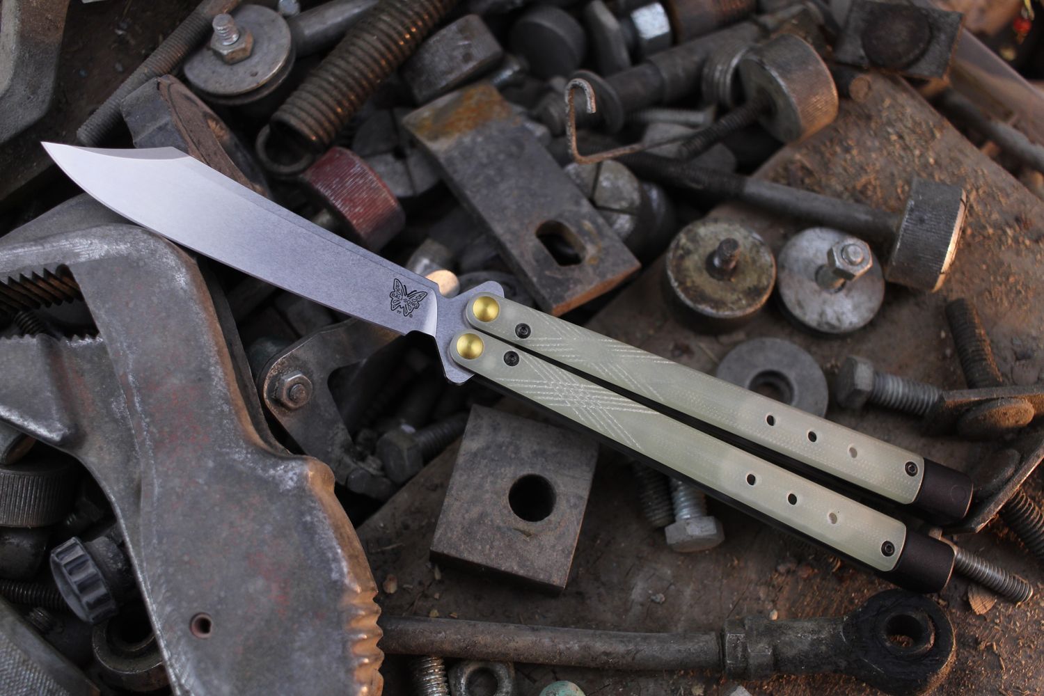 Benchmade Necron 4.6&quot; Balisong Butterfly / Jade G-10 &amp; Adjustable Tungsten Weights / Stonewashed S30V ( Pre Owned )