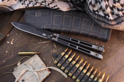 E.O.S. Trident 4.13&quot; Balisong / Two Tone Titanium &amp; Bronze Hardware / Black DLC S30V ( Pre Owned )