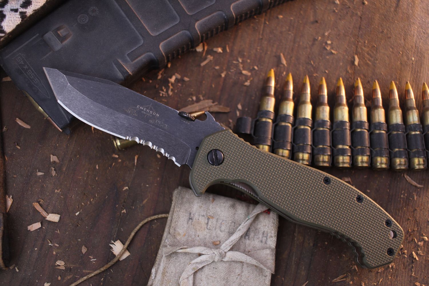 Emerson CQC-15 TF 3.9&quot; Linerlock Wave Hook Folder / OD Green G-10 / Thunderstorm Partially Serrated 154CM ( Pre Owned )