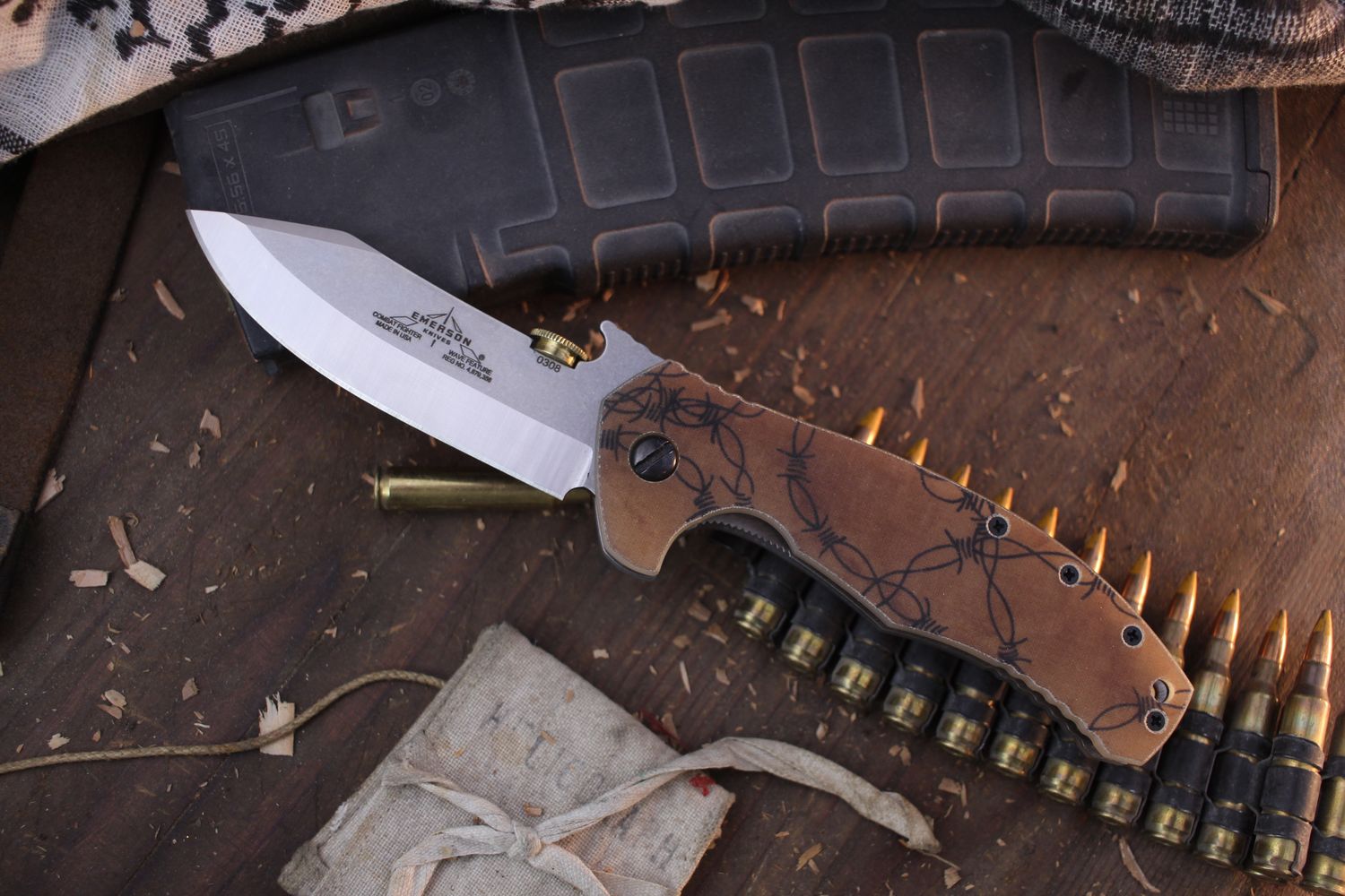 Emerson Combat Fighter SF 3.75&quot; Linerlock Wave Hook Folder / Barbed Wire Micarta / Satin 154CM ( Pre Owned )