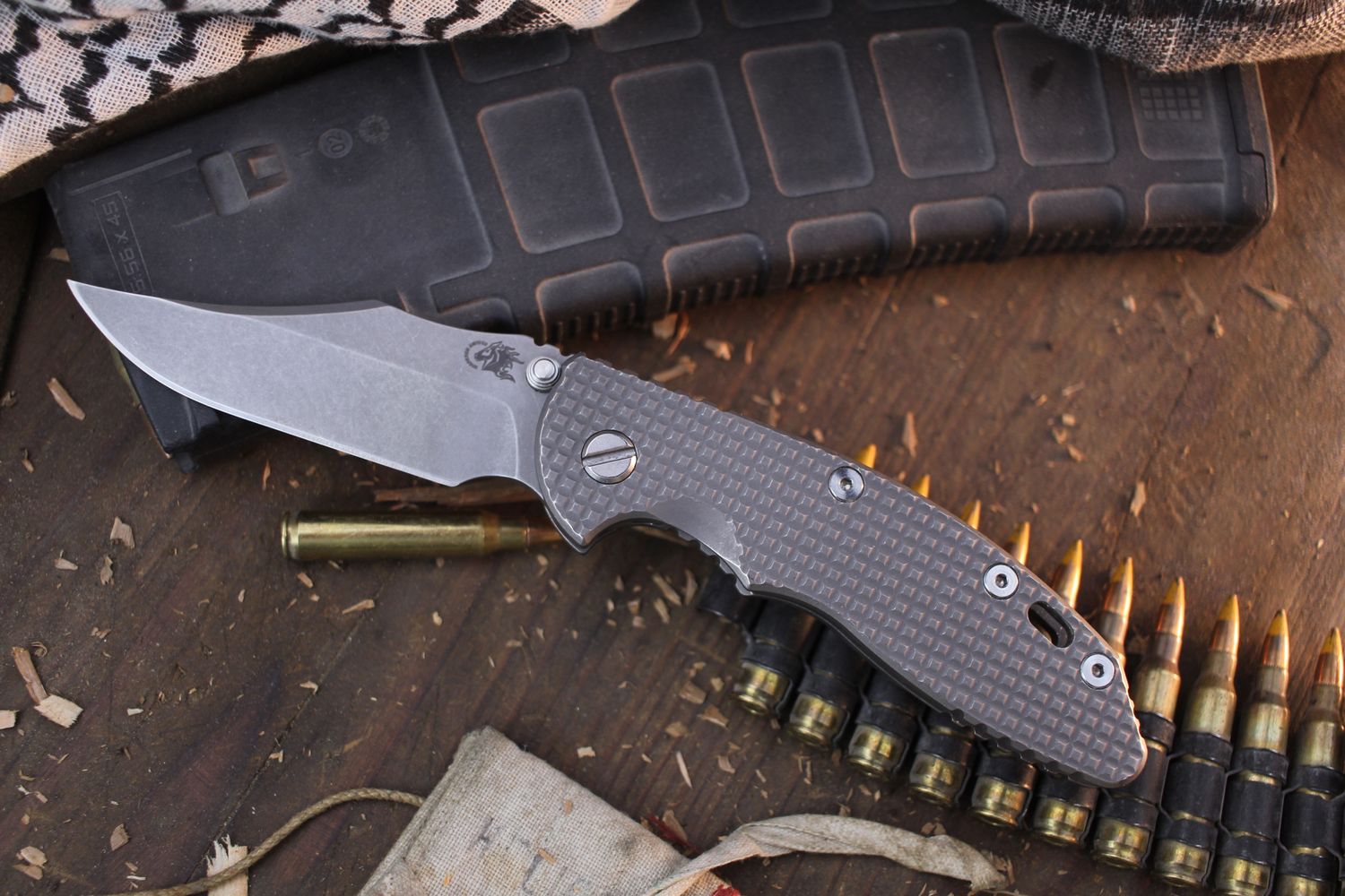 Hinderer XM-18 Bowie 3.5&quot; Framelock Non-Flipper / Frag Milled Titanium &amp; WF Titanium / Working Finish S45VN ( Pre Owned )