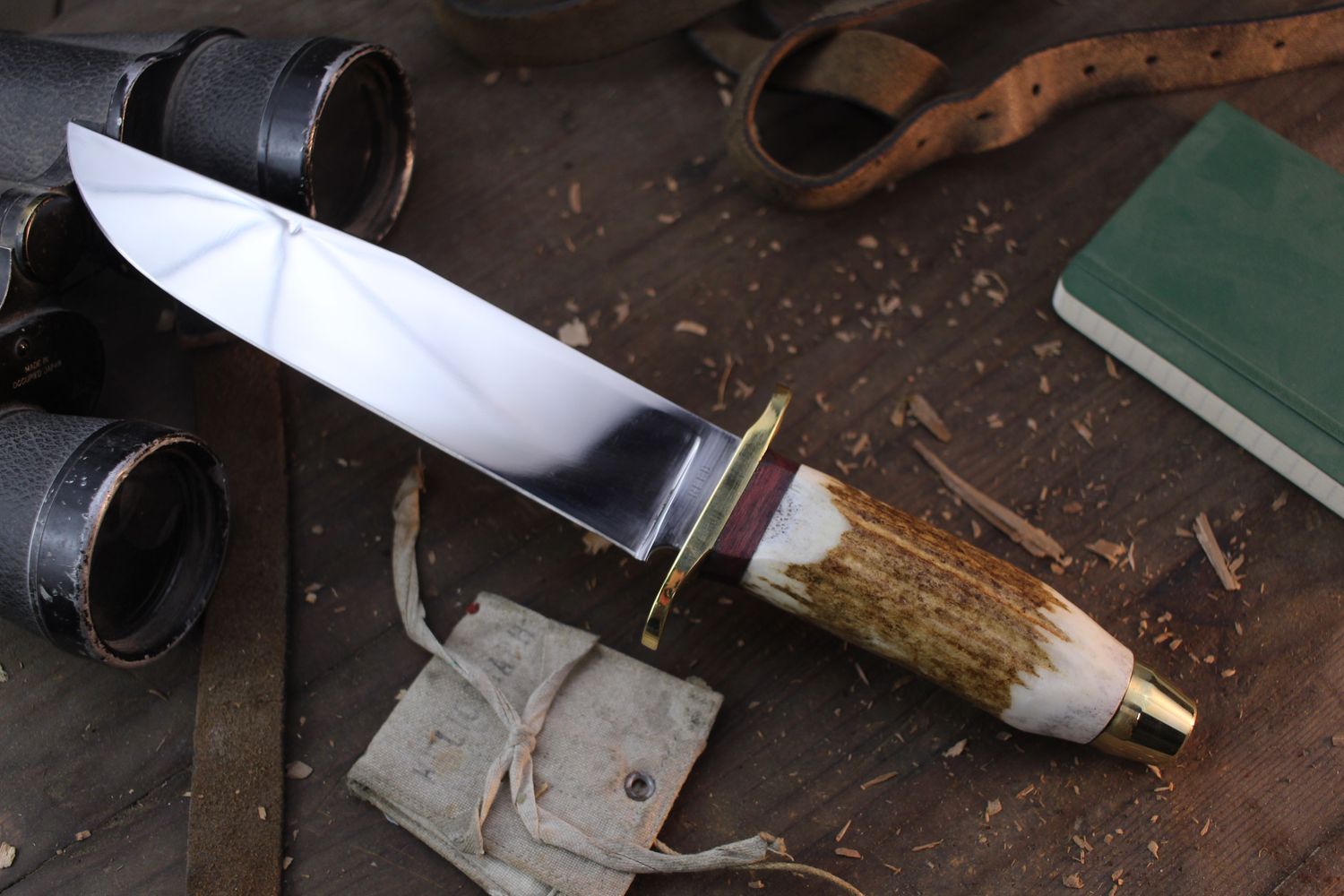 David Reed Riese Jager Messer 8&quot; Fixed Bowie / Elk Antler &amp; Brass Double Guard / Satin D2.