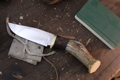 David Reed Groß Jager Messer 4.5" Fixed Blade / Elk Antler &amp; Walnut With Brass Single guard / Satin Clip Point D2