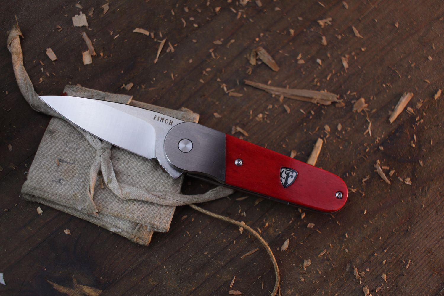 Finch Knives Cherry Bomb 2.6&quot; Framelock Flipper / Fire Red Ox Bone &amp; Milled Titanium Clip / Satin 154CM