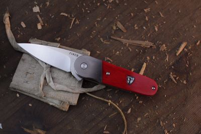 Finch Knives Cherry Bomb 2.6" Framelock Flipper / Fire Red Ox Bone &amp; Milled Titanium Clip / Satin 154CM
