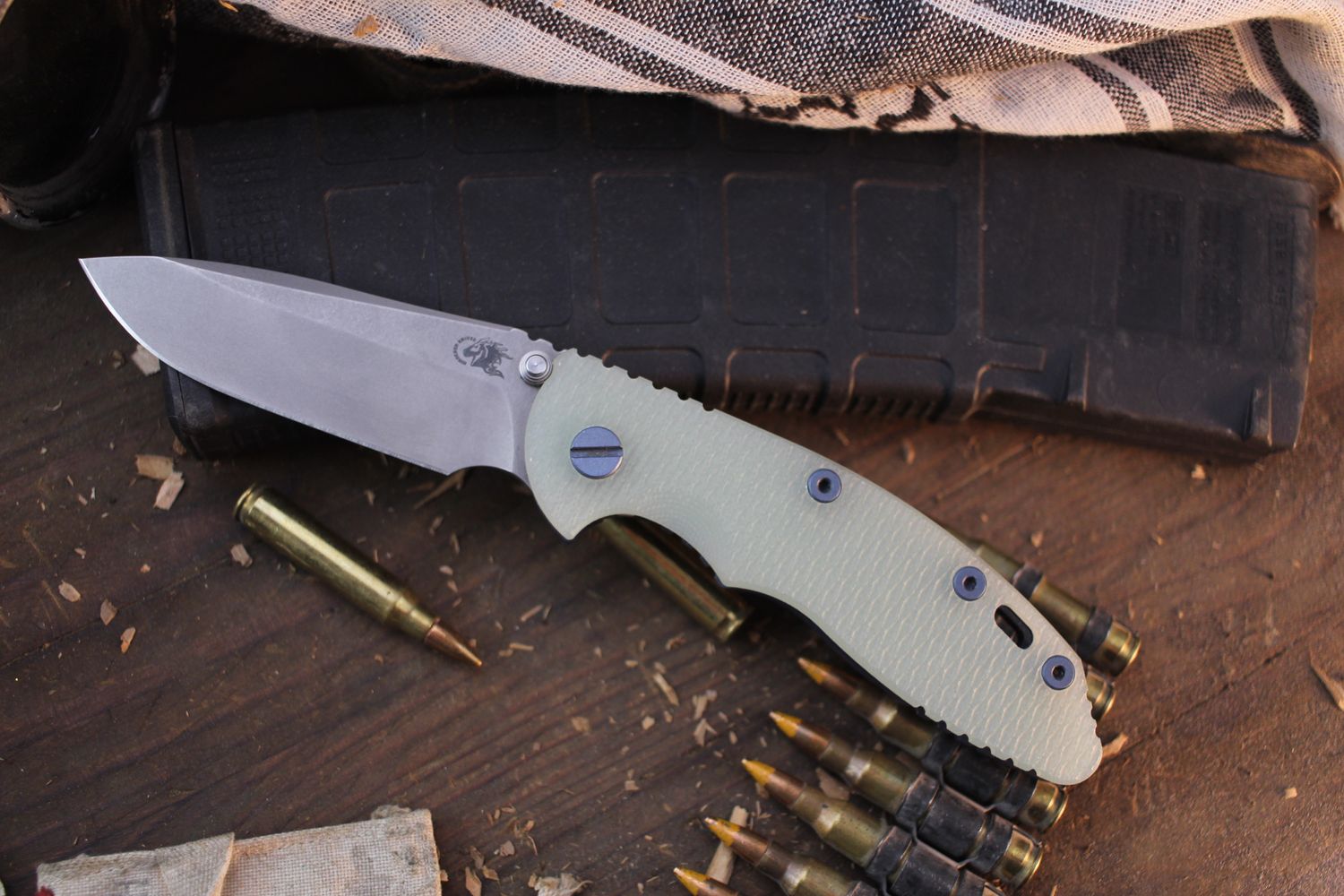Hinderer XM-18 Spear Point 3.5&quot; Framelock Non-Flipper / Jade G-10 &amp; Battle Blue Titanium / Working Finish 20CV ( Pre Owned )