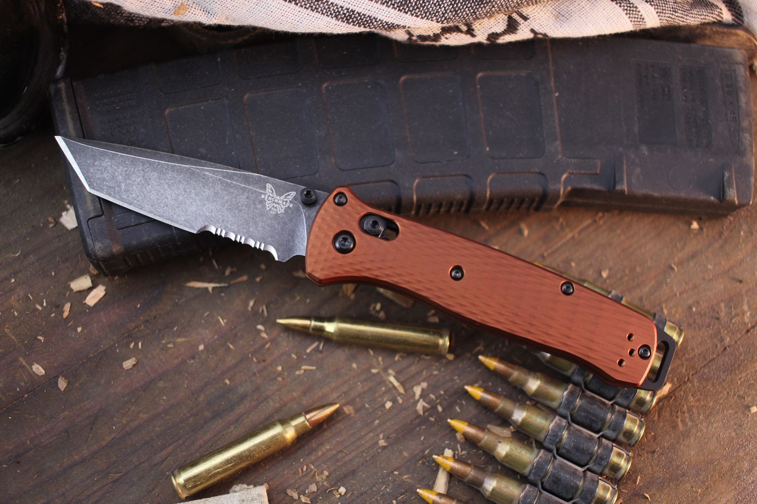 Benchmade Bailout 3.38&quot; AXIS Lock Folder / Burnt Copper Aluminum / Blackwashed Serrated MagnaCut 