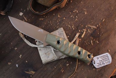 3DK MAK 4" Fixed Drop Point, Desert Tan Cerakote K110 Blade / OD Green G10 handle