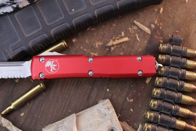 Microtech Ultratech S/E 3.46&quot; OTF Auto / Red Aluminum / Stonewashed Partially Serrated ( Pre Owned )